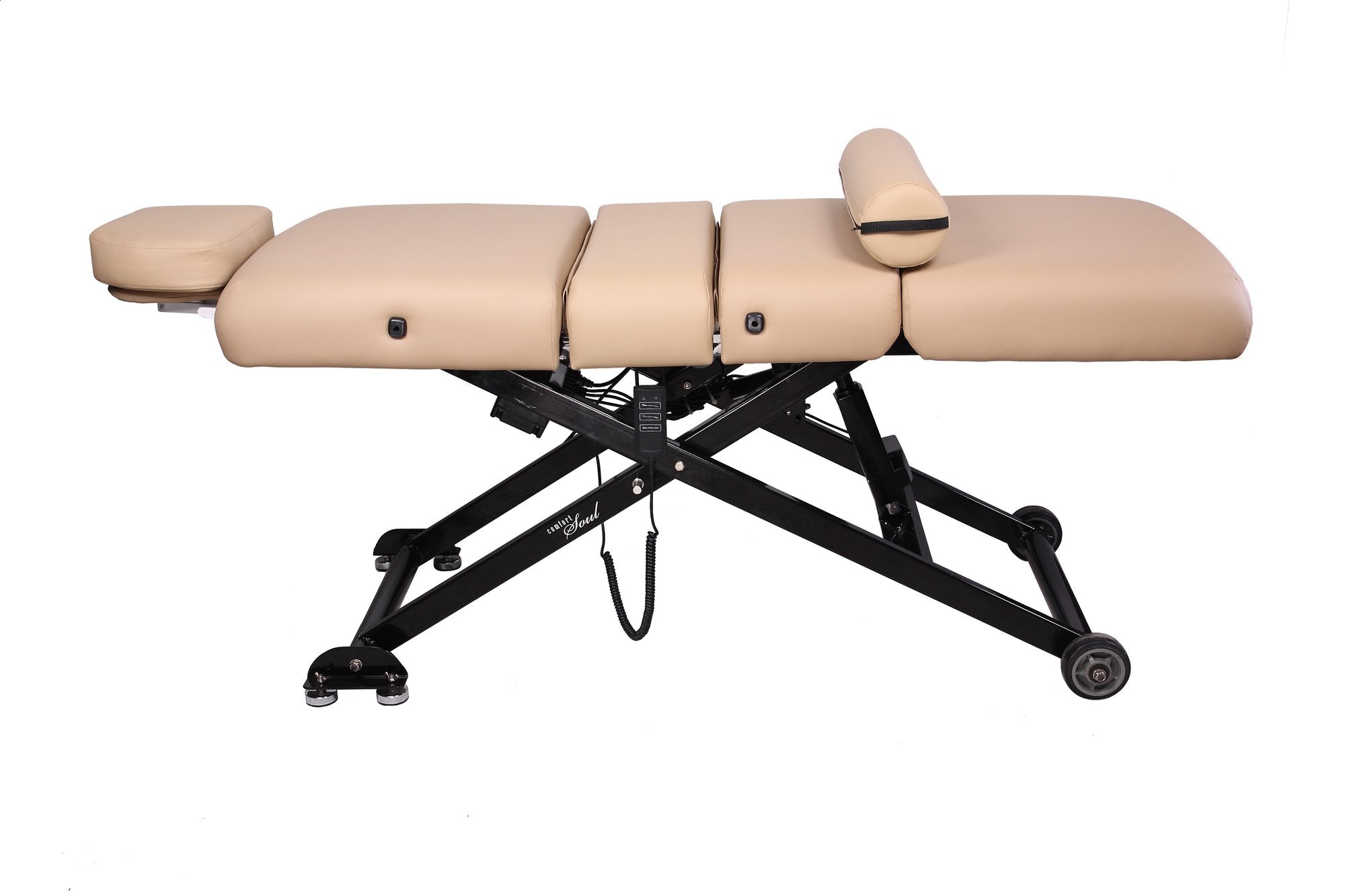 Comfort Soul SIENNA ELITE electric lift table with headrest, armrest, and lumbar support.