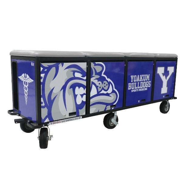 PHS Medical 8' SmartCart—large blue and gray steel cart with Yoakum Bulldogs logo.
