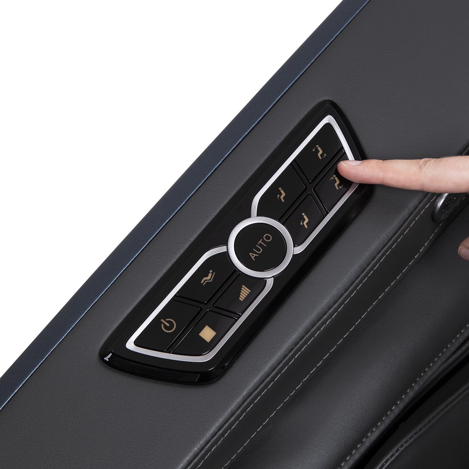A hand presses a button on the Osaki OS-Highpointe 4D Electric Massage Chair to adjust the seat.
