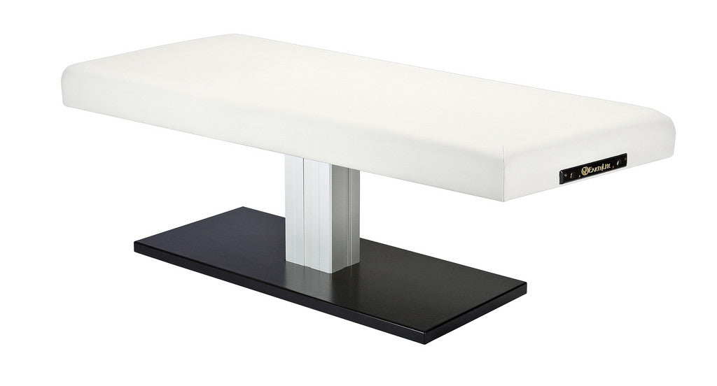 EarthLite EVEREST SPA FLAT electric lift table with single pedestal and black base.