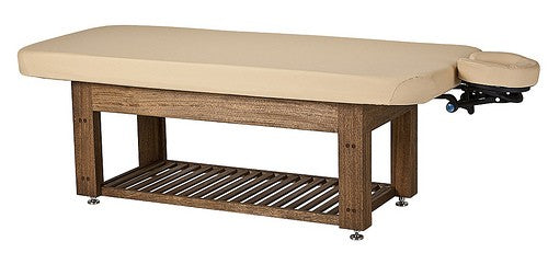 Living Earth Crafts NAPA LA MER table: water resistant, beige cushion, cradle—great for wet rooms.
