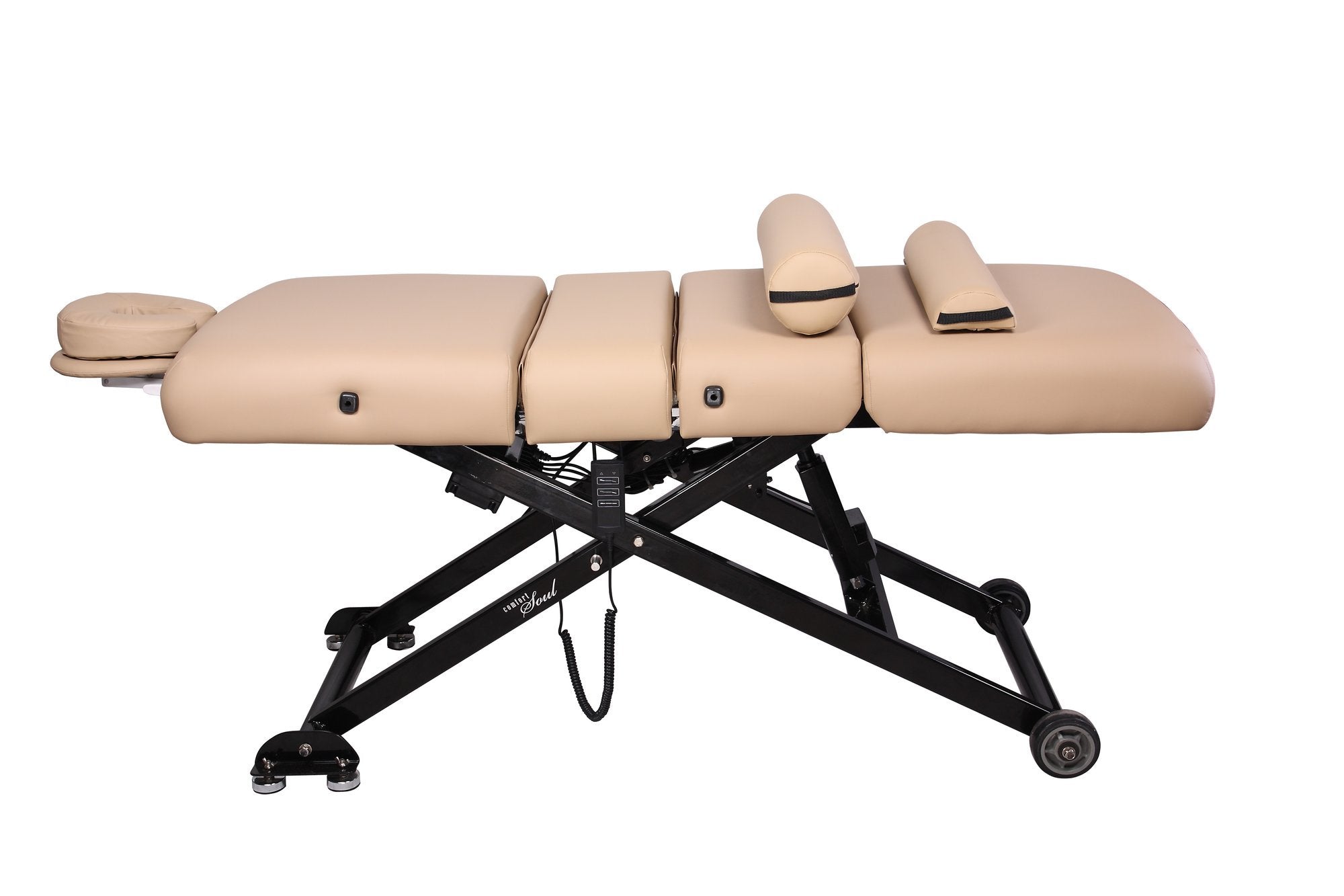 Comfort Soul SIENNA ELITE beige electric lift table with lumbar support and black metal frame.