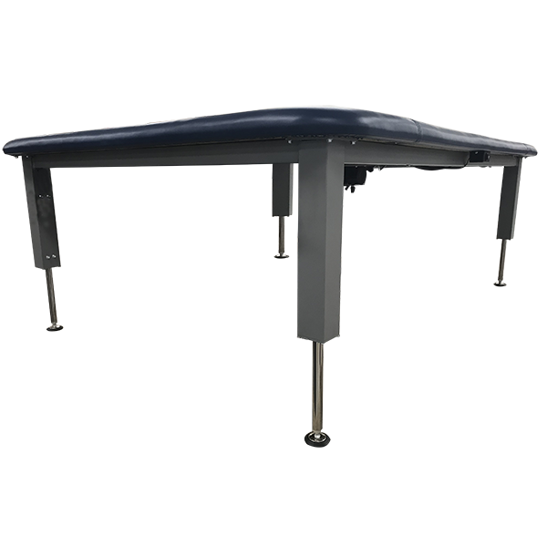 PHS Medical Aluma Elite elevating mat table with blue padding and sturdy metal legs.