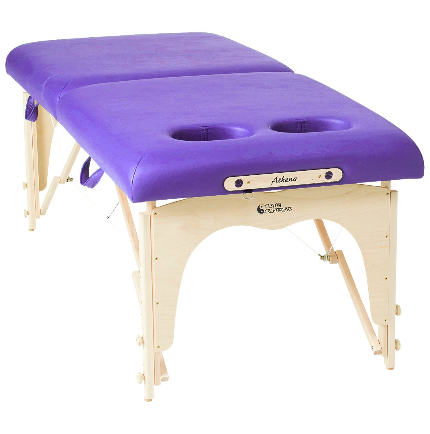 Custom Craftworks ATHENA portable massage table with wooden legs, ideal for professionals.