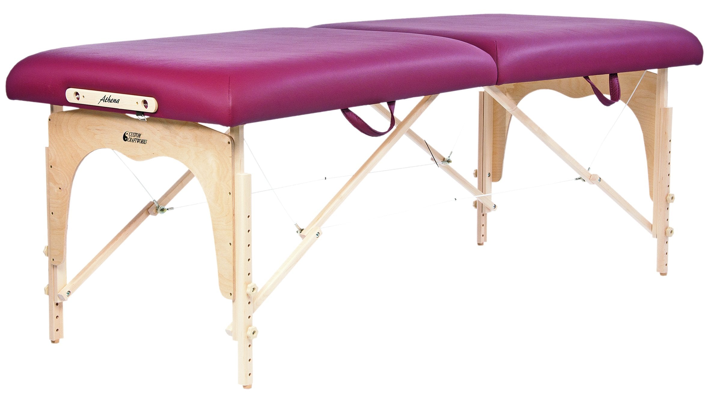 Custom Craftworks ATHENA portable massage table with burgundy top and sturdy wooden legs.