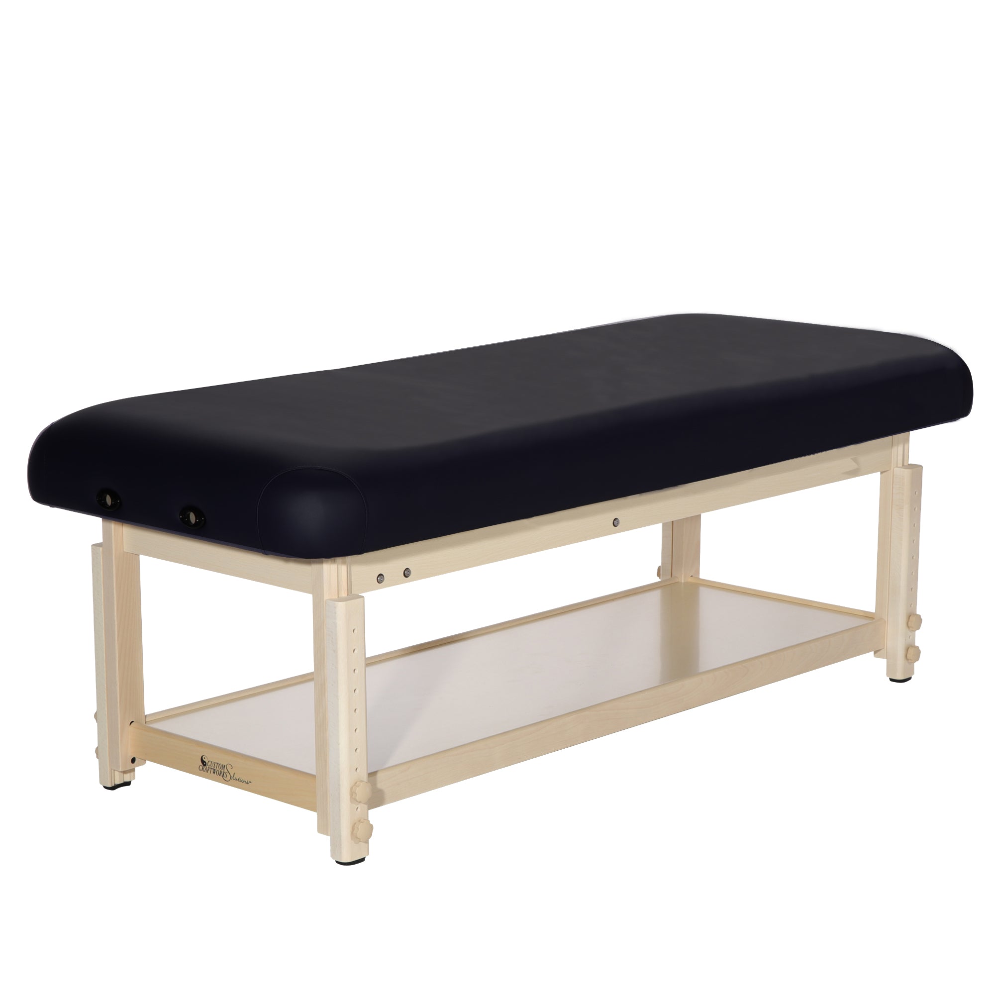 Custom Craftworks AURA BASIC Stationary Massage Table, black cushion, beech wood frame.