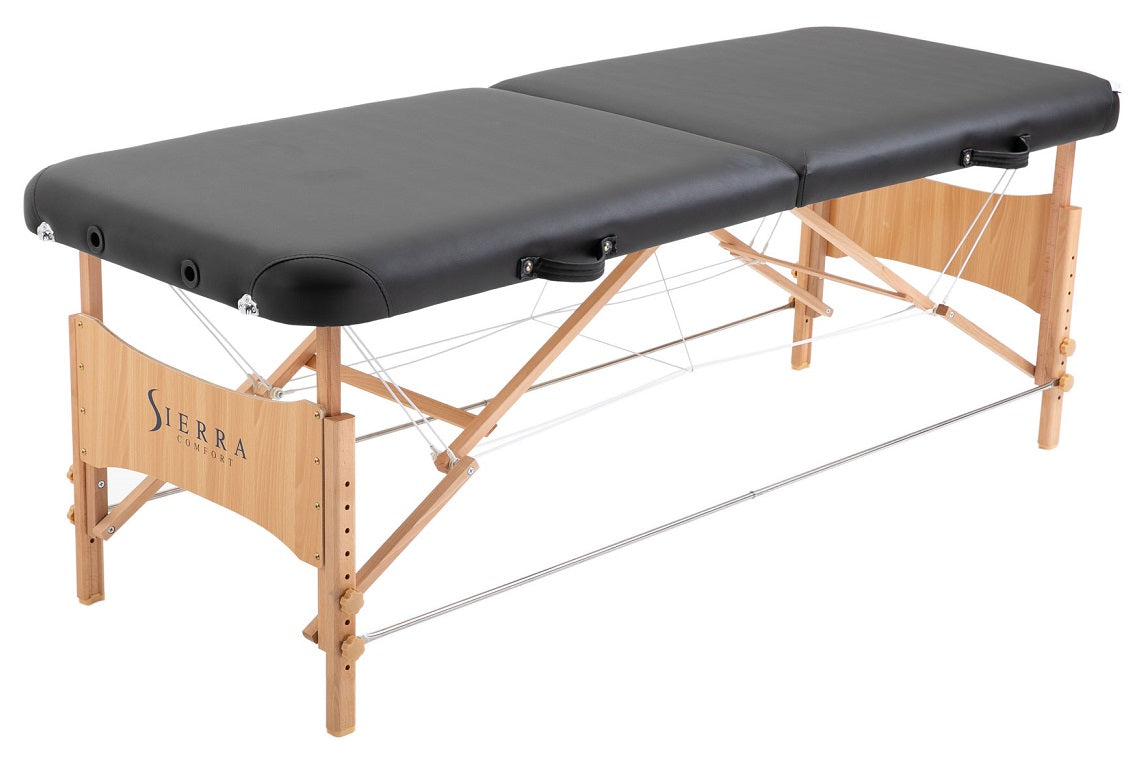 The Sierra Comfort BASIC Portable Massage Table is black, portable, and height adjustable.