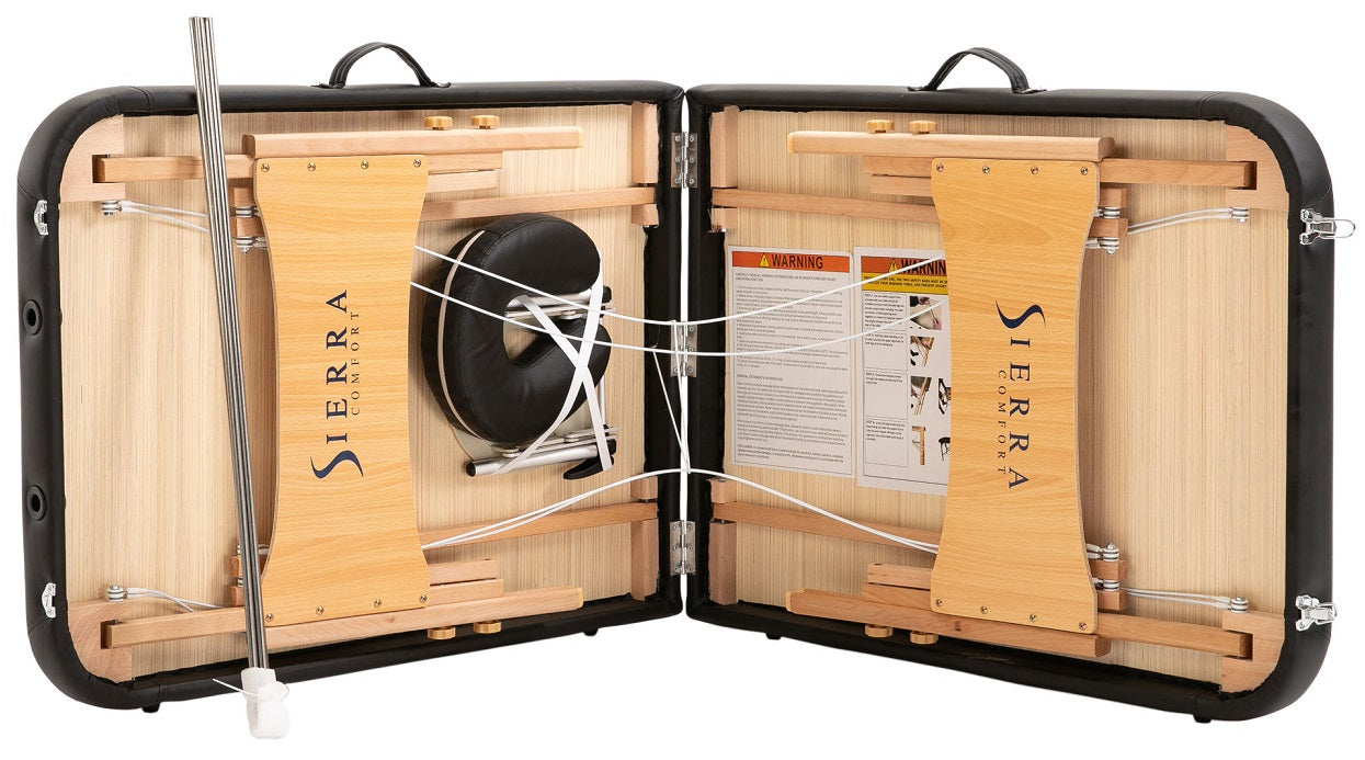 Sierra Comfort PREFERRED Portable Massage Table with wooden frame, folds for easy storage.