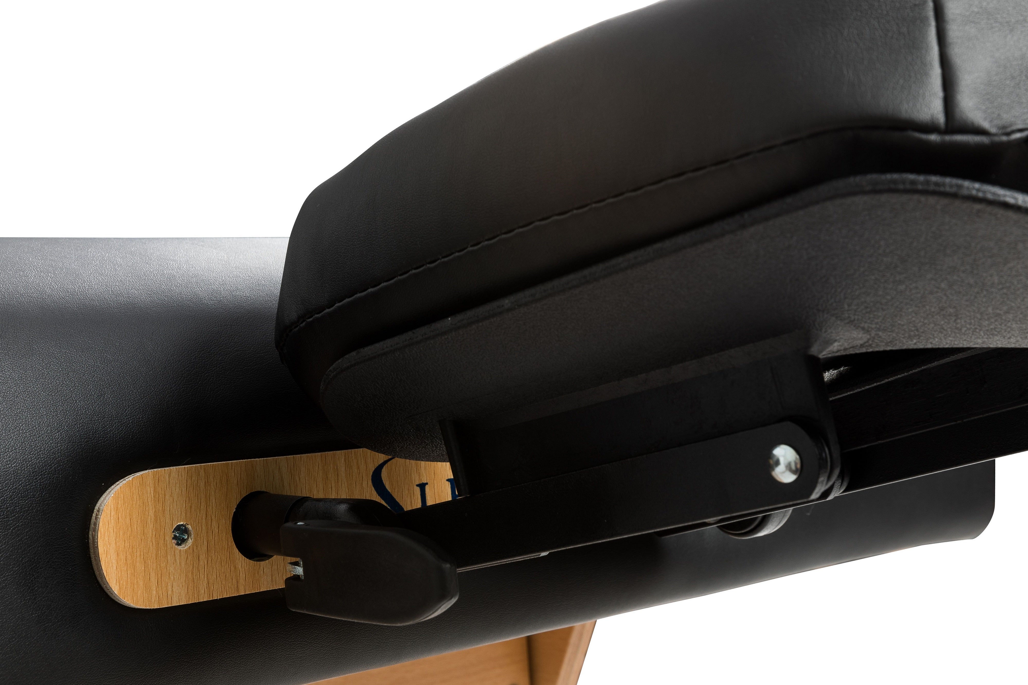 Close-up of black armrest on Sierra Comfort Adjustable 4-Section Massage Table.