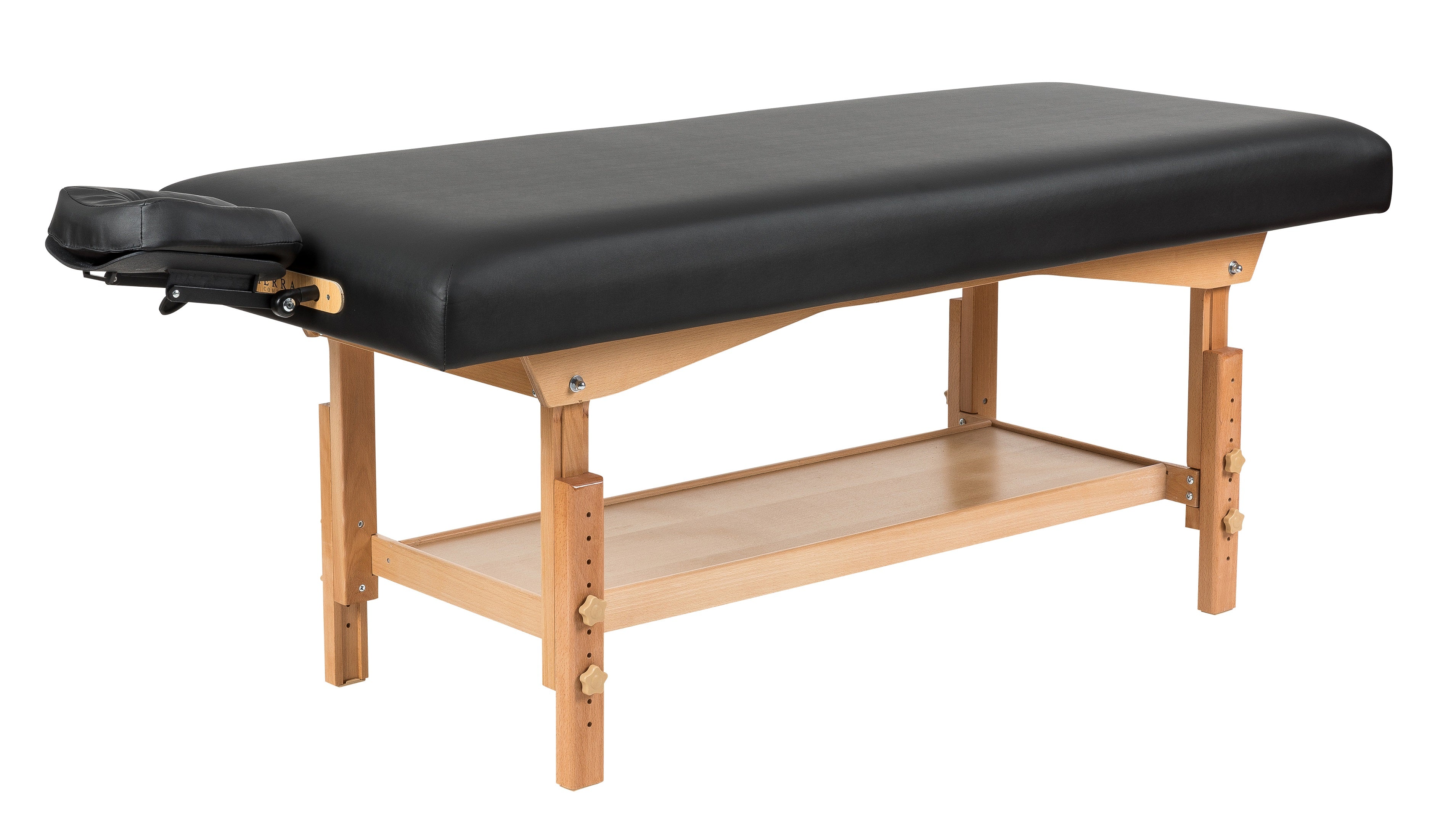 Sierra Comfort Flat Stationary Massage Table with black padding and adjustable face cradle.