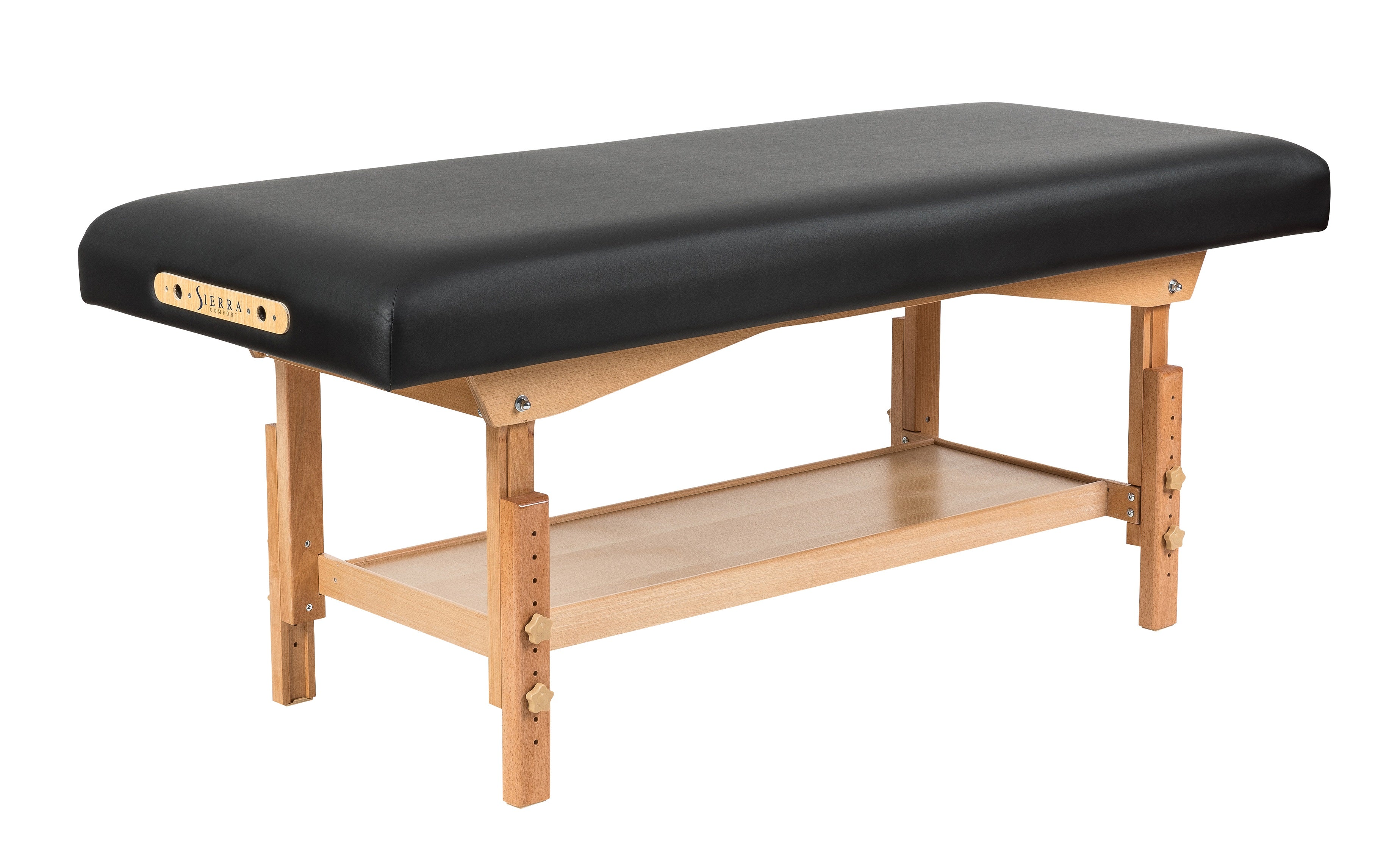 The Sierra Comfort Flat Stationary Massage Table is beech hardwood with black padding and a shelf.