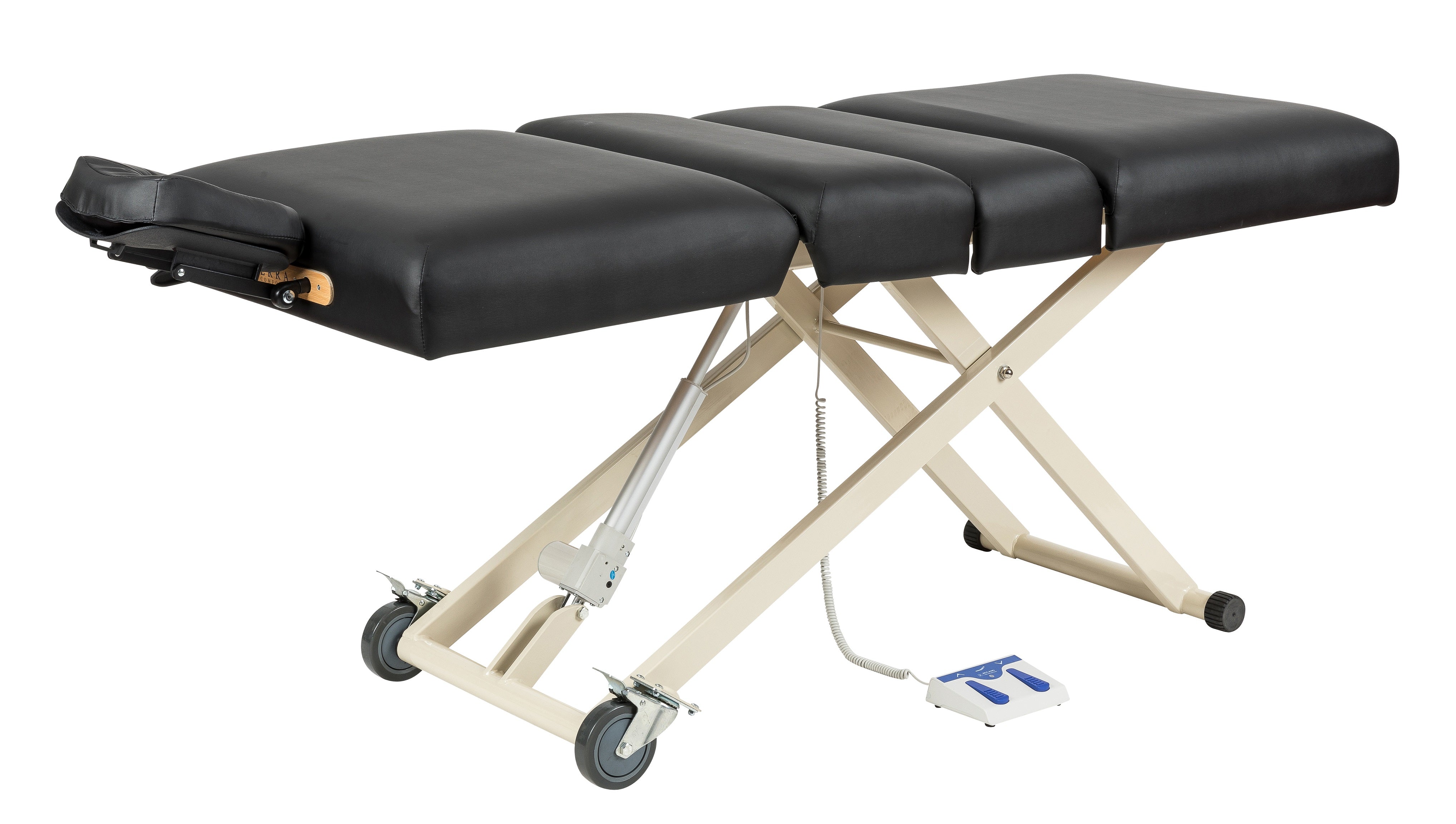 Sierra Comfort Adjustable 4-Section Electric Lift Table, black, with wheels and foot controls.