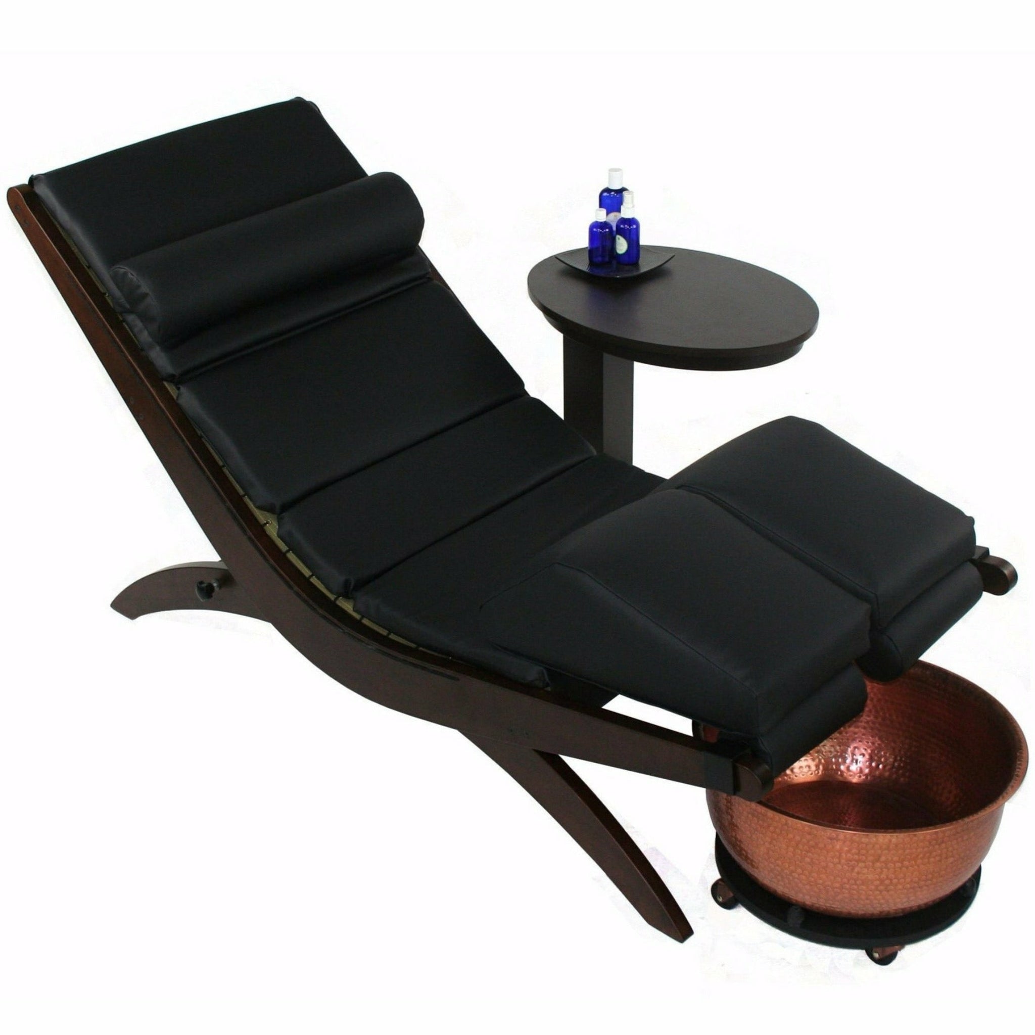TouchAmerica Breath Pedi-Lounge with RX Sound & Split Knee Cushion, Black, with side table.