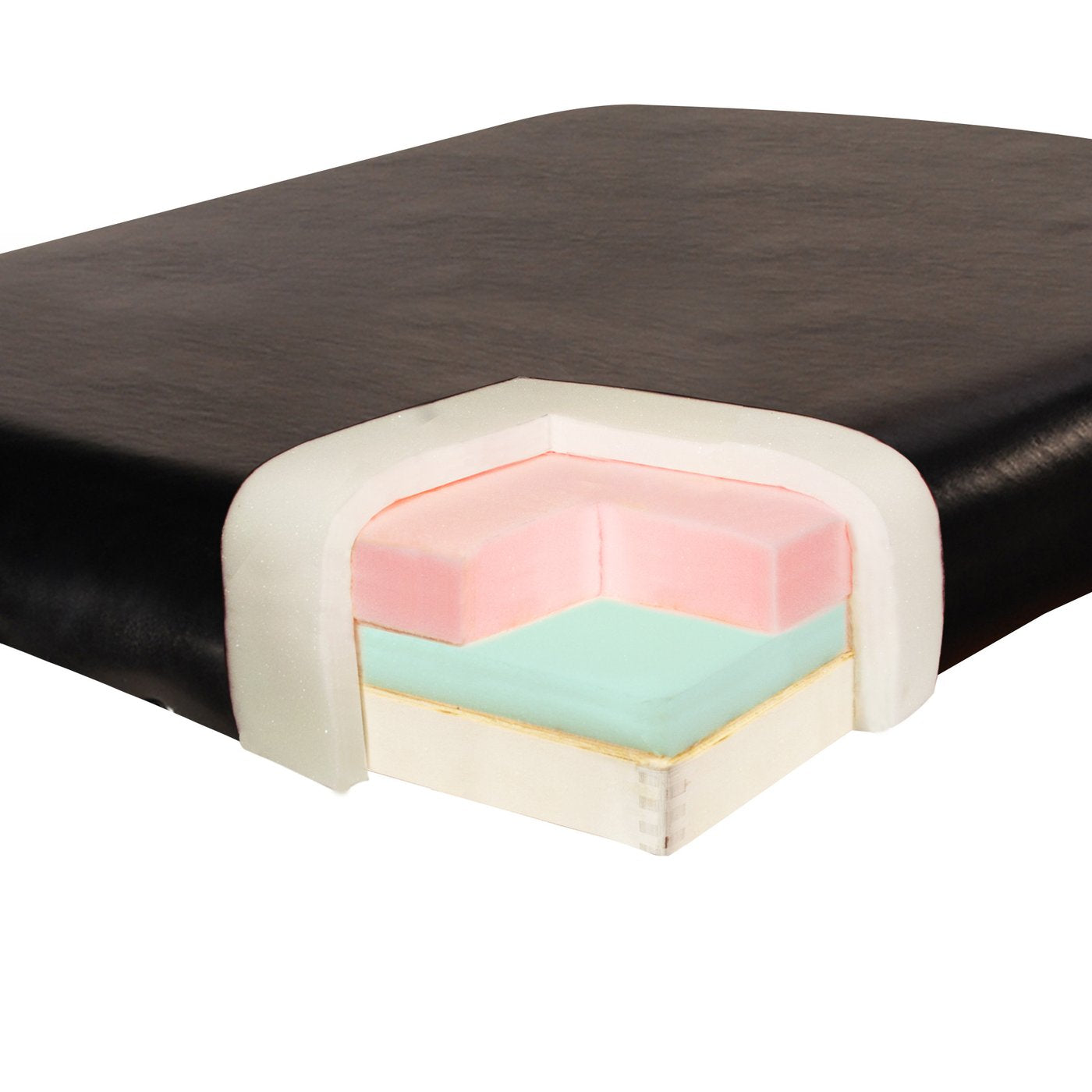 A cutaway shows foam layers inside the Master Massage MONTCLAIR Stationary Massage Table.