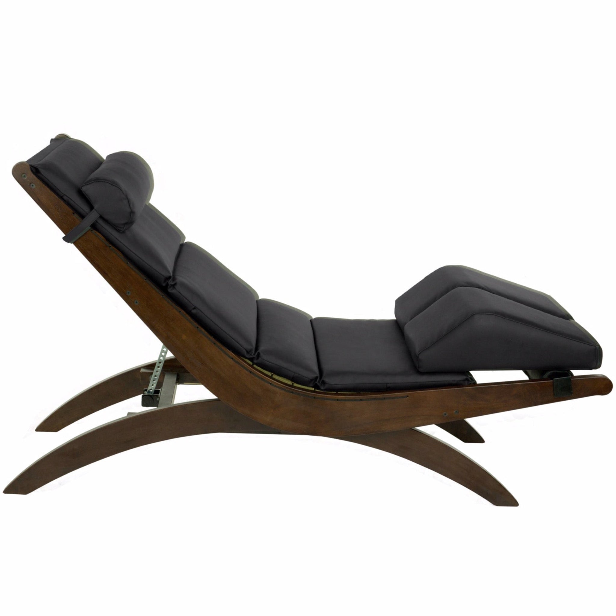 TouchAmerica Breath Pedi-Lounge with RX Sound, split knee cushion, side view, dark wood & black.