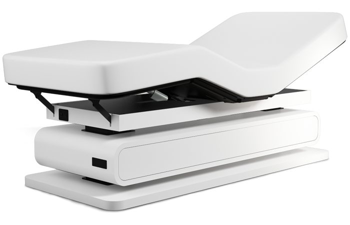 The Oakworks Spa BRITTA Master's Collection Table is a modern, white adjustable spa table.