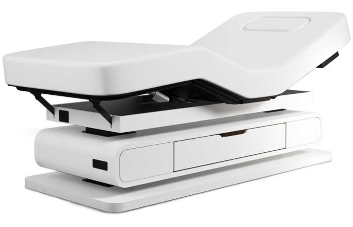 Oakworks Spa BRITTA Master's Collection Table with breast comfort and storage drawer, shown on white.