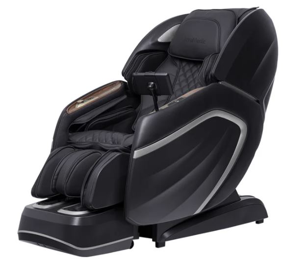 Black and silver Osaki Amamedic Hilux 4D massage chair with footrest, L-track, angled right.