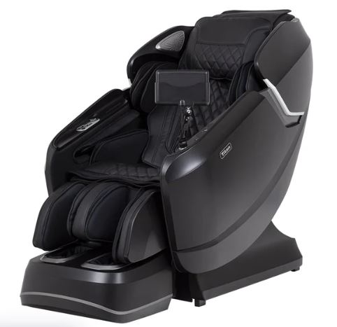 Titan Pro-Vigor 4D Massage Chair by Titan, black, with footrest, control panel, and full body compression.