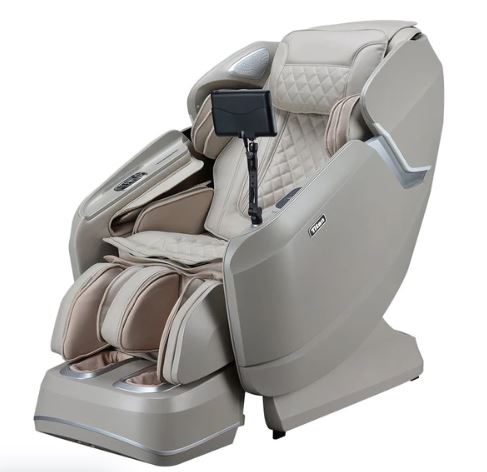 Titan Pro-Vigor 4D massage chair in beige with heated rollers, footrests, and digital controls.