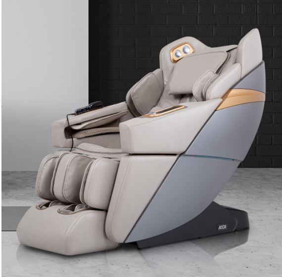 Osaki Ador 3D Allure Massage Chair with control panel in a gray and beige minimalist room.
