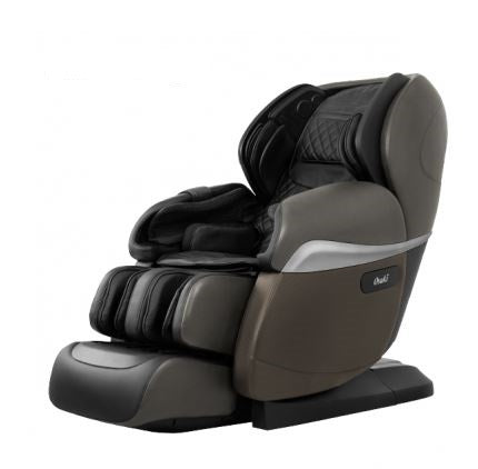Osaki Pro OS-4D PARAGON Massage Chair in black/brown, L-track, padded, footrest, side view.