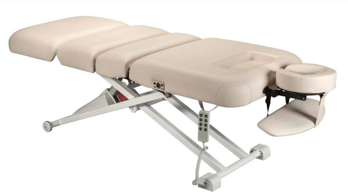 Nirvana Salon Top Electric Massage Table with headrest and metal frame in raised position.