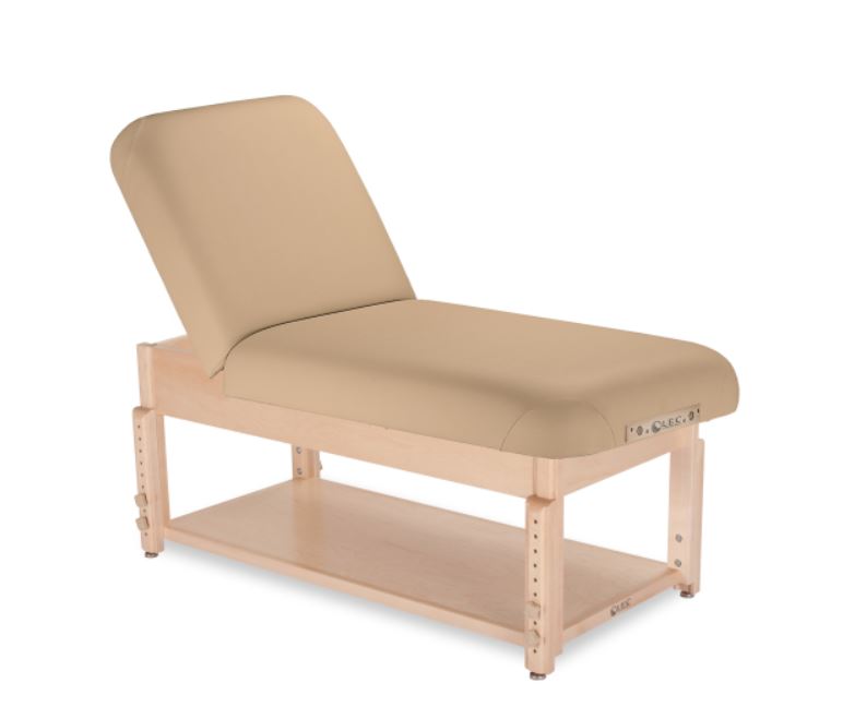 Living Earth Crafts SONOMA spa table with shelf, power assist base, and wooden frame.