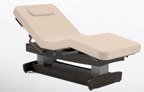 Oakworks PERFORMALIFT Electric Salon Top: adjustable beige table with cushion and dark base.