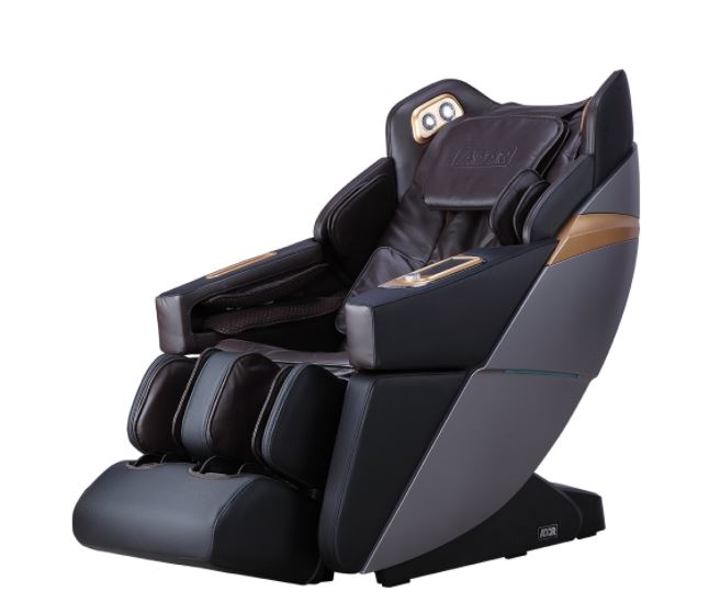 Osaki Ador 3D Allure massage chair in black and gold with padded arms and footrests.