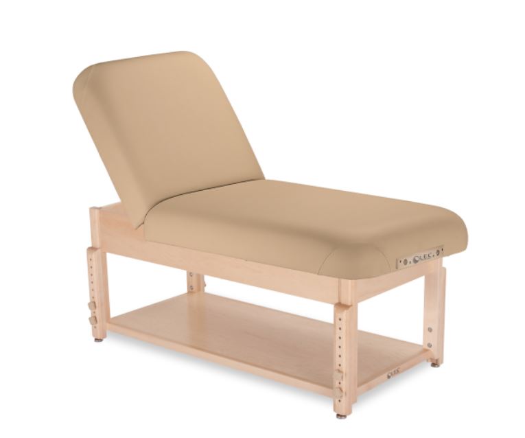 Living Earth Crafts SONOMA spa table with manual tilt and shelf, solid wood frame, beige finish.