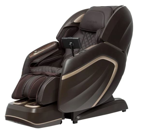 Dark brown Osaki Amamedic Hilux 4D massage chair with padded seats and digital control panel.