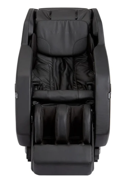Sharper Image RELIEVE 3D Massage Chair in black leather with padded arms and footrests, front view.