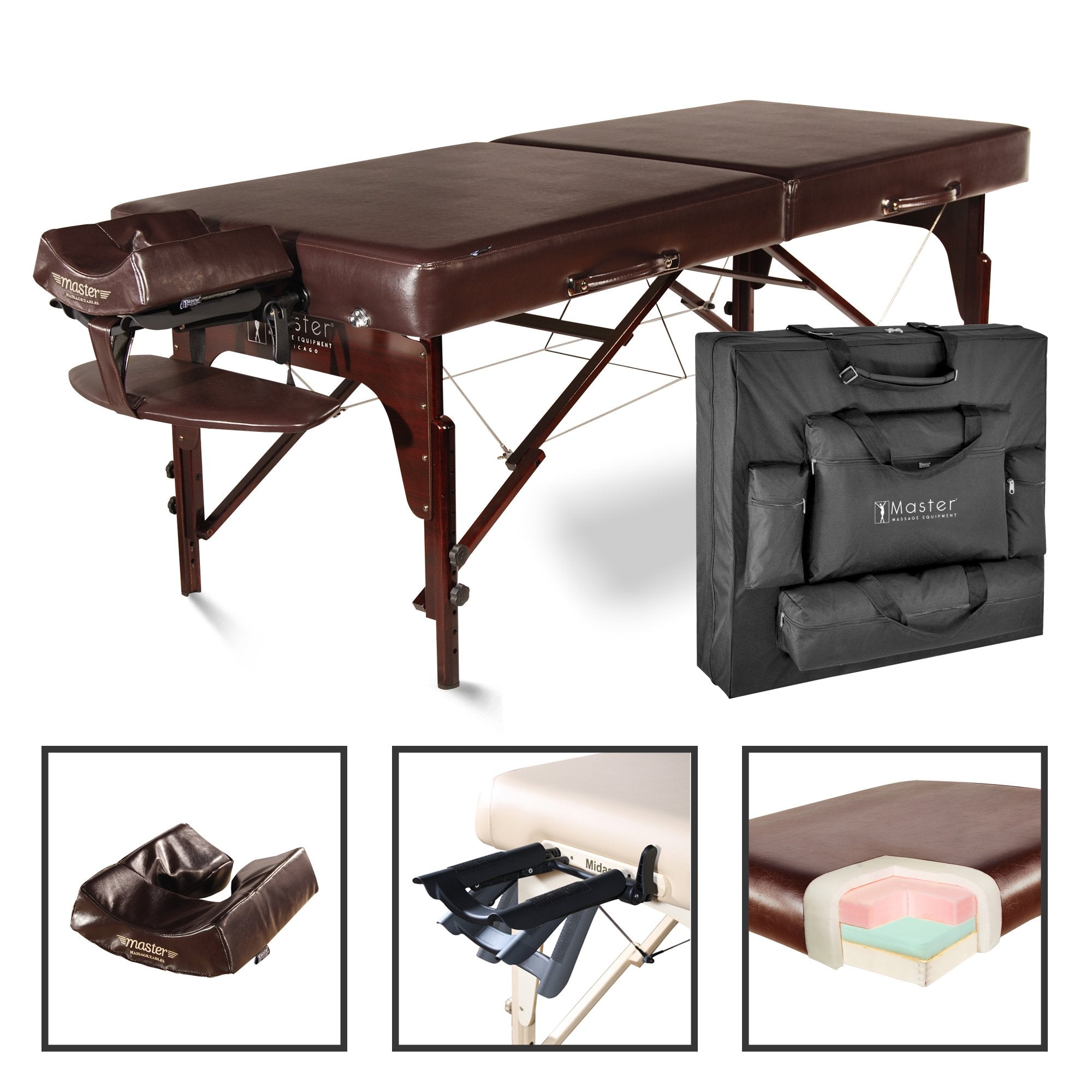 Master Massage CARLYLE LX portable table with memory foam, face cradle, armrest & case shown.