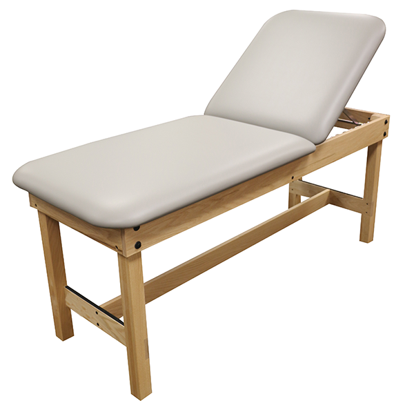 PHS Medical Classic Wood Treatment Table with hardwood legs and adjustable cushioned backrest.