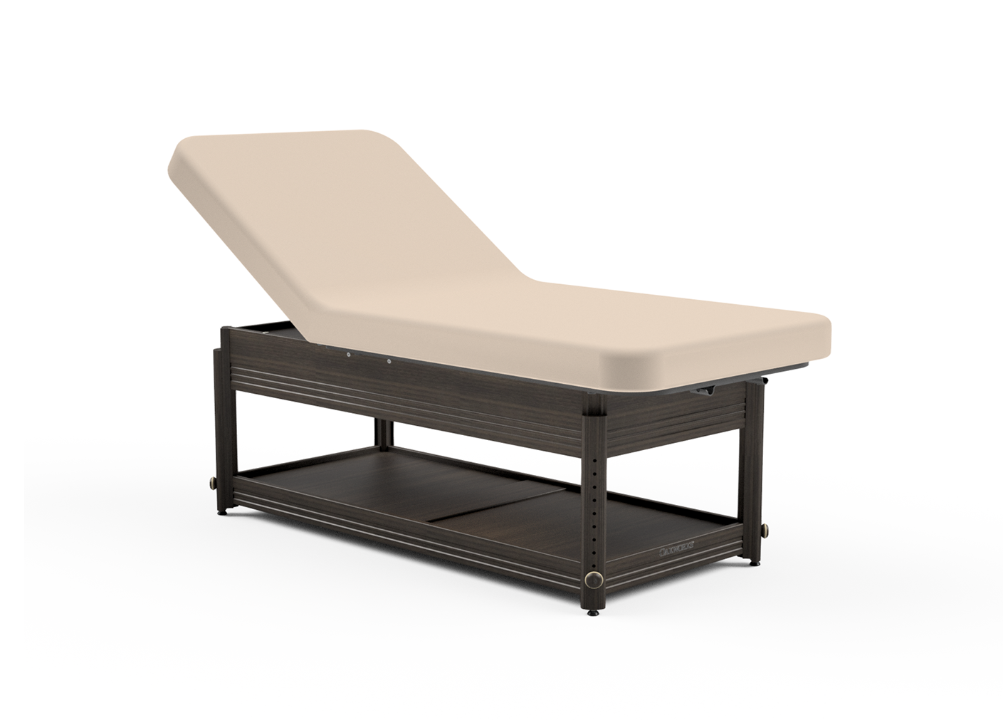 Oakworks CLINICIAN table: beige cushion, lift-assist backrest, dark wood frame.