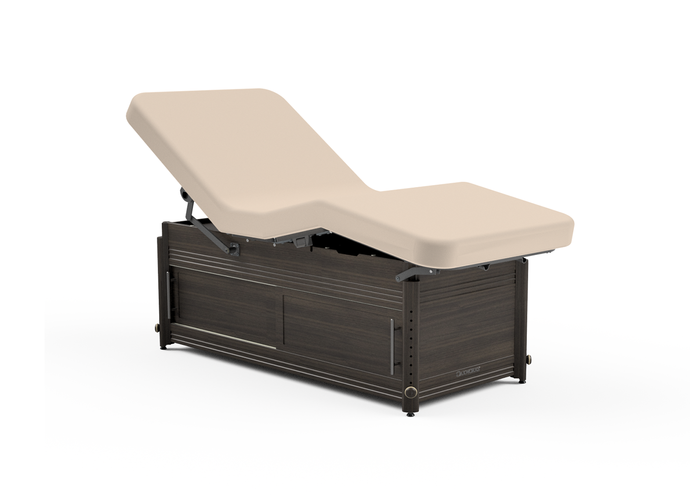 Oakworks CLINICIAN Adjustable Lift-assist Salon Top, beige cushion, dark wooden base.