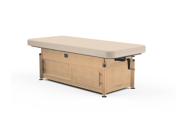 Oakworks CLINICIAN Manual-Hydraulic Flat Top with adjustable height and removable padded top.