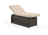 Oakworks CLINICIAN exam table with lift-assist backrest, beige cushion, and dark wood base.