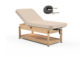 Oakworks CLINICIAN beige manual-hydraulic table with lift-assist backrest and face cradle.