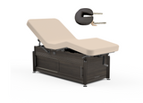 Oakworks CLINICIAN salon table in beige, padded top, dark base, removable face cradle.