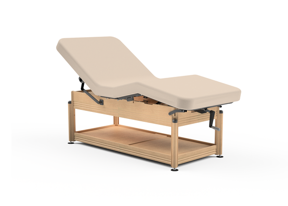 Oakworks CLINICIAN Manual-Hydraulic Salon Top, padded beige, for exams, shown on white.