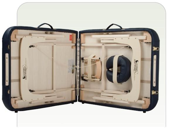 Custom Craftworks LUXOR table open, showing frame, deluxe face rest, and support straps.