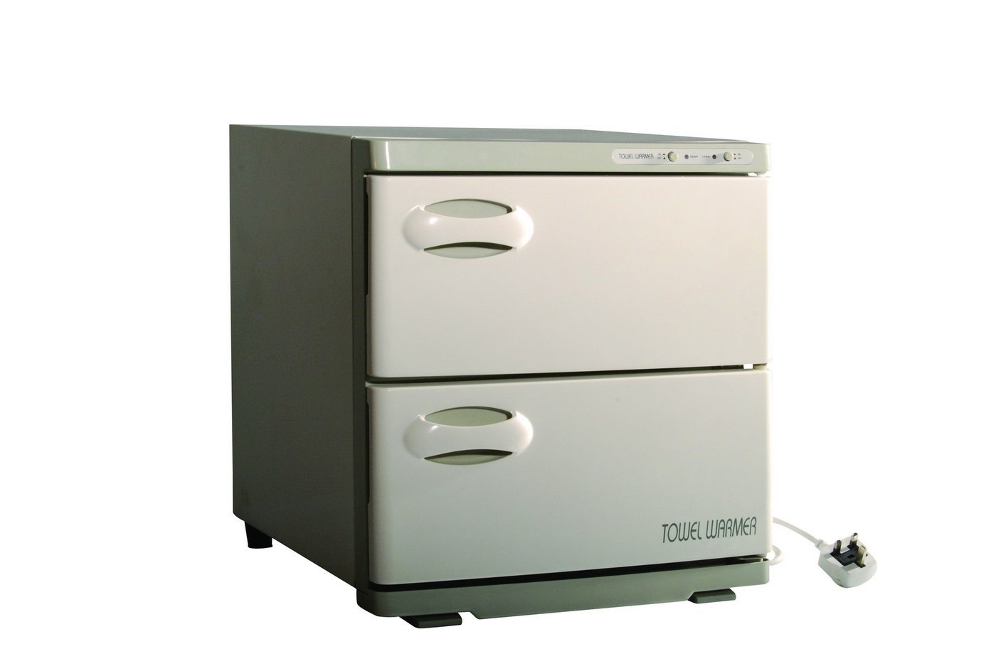 A Master Massage 35L double door towel heater in white color, designed to heat towels for catering, hotel, beauty, and massage uses.