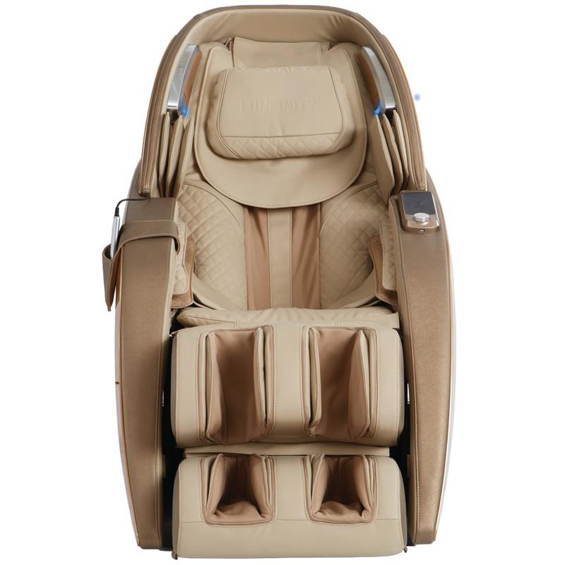 Infinity DYNASTY 4D Massage Chair in beige with padded rests, front view.