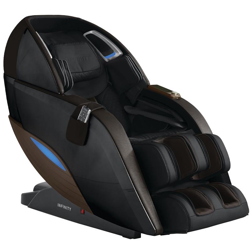 Infinity DYNASTY 4D Massage Chair by Infinity: black/brown with body scan, control panel, footrests.