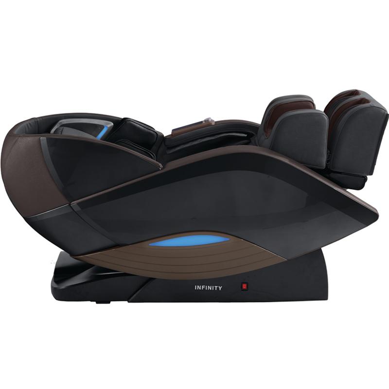 Infinity DYNASTY 4D black/brown massage chair with full-body supports, reclined.