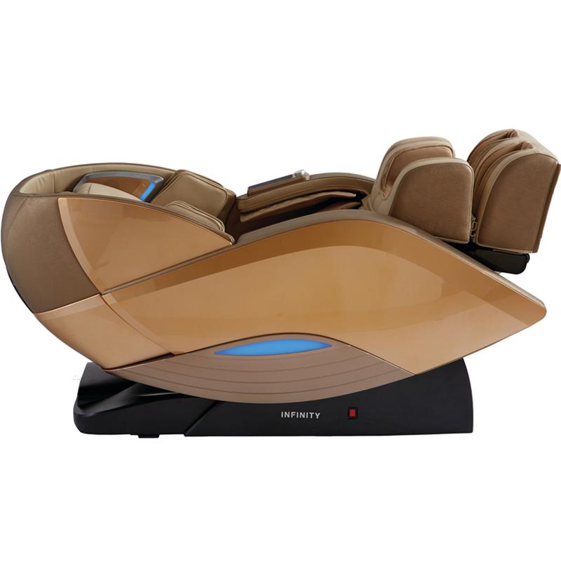 Infinity DYNASTY 4D Massage Chair in brown/beige with 4D back massage and foot/leg rests.