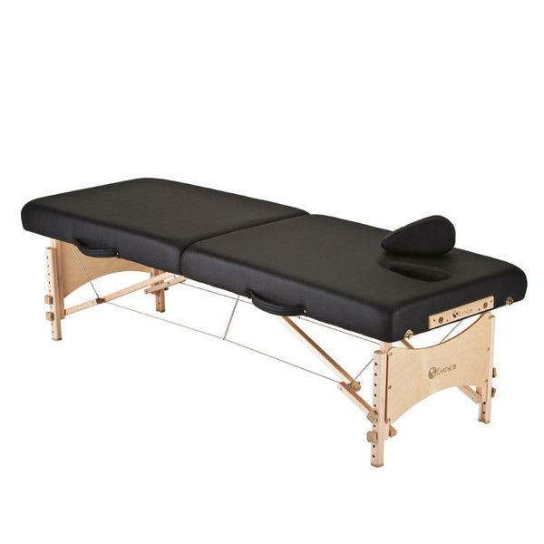 EarthLite MEDISPORT: Black portable massage table with wood legs and detachable headrest.