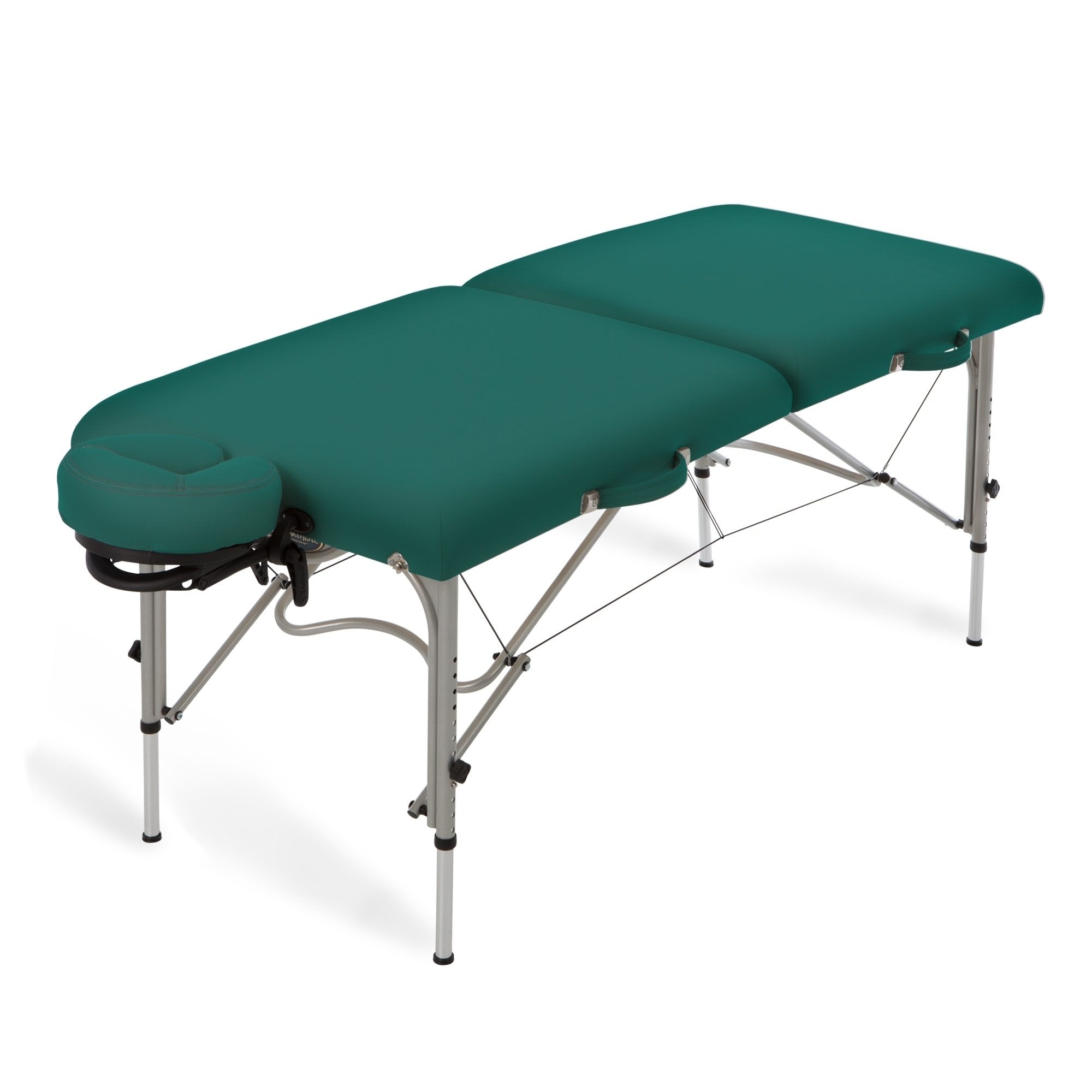 EarthLite LUNA green massage table with face cradle and Reiki-ready aluminum frame.